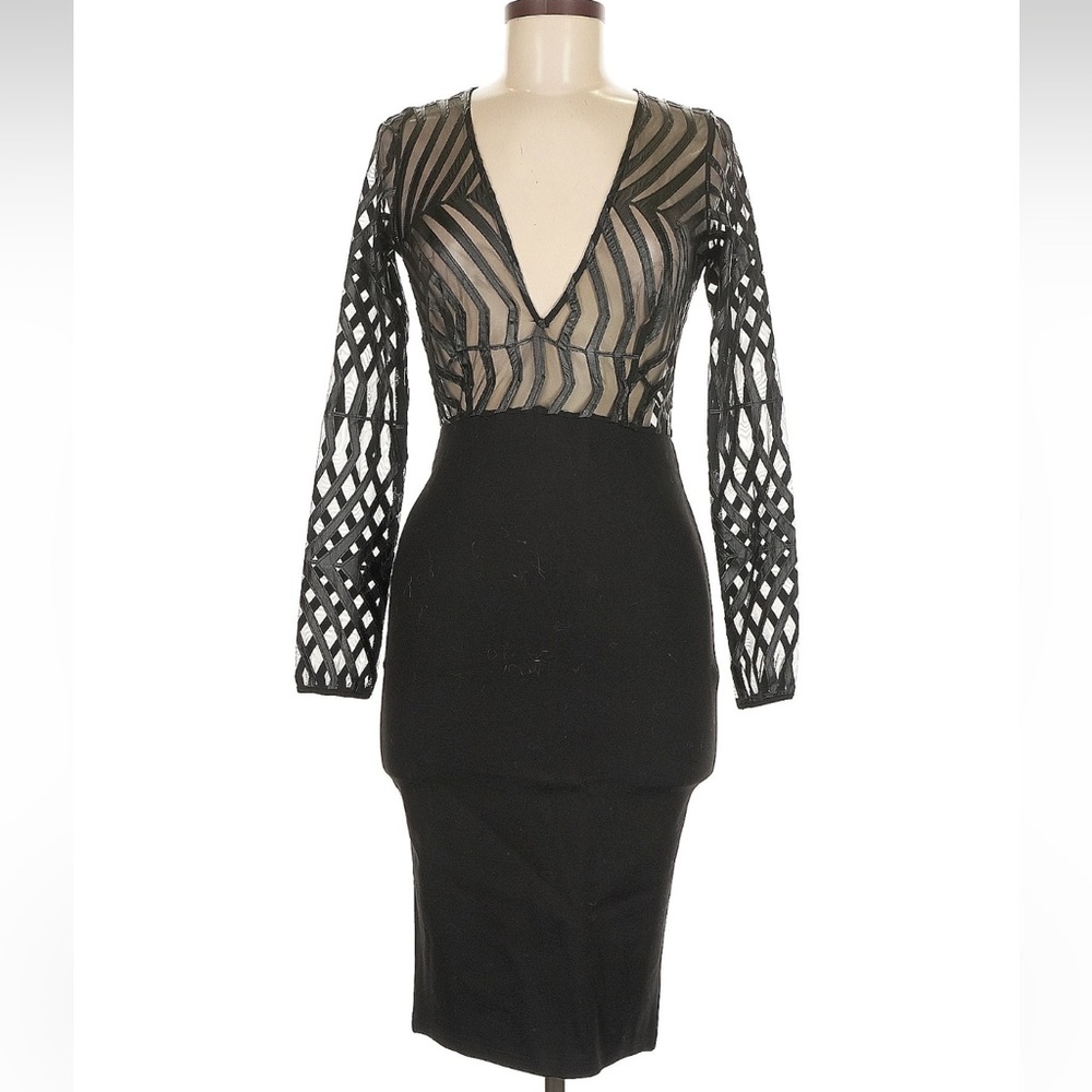 NWT A'GACI Black Mesh Top body-con plunging neckline dress medium